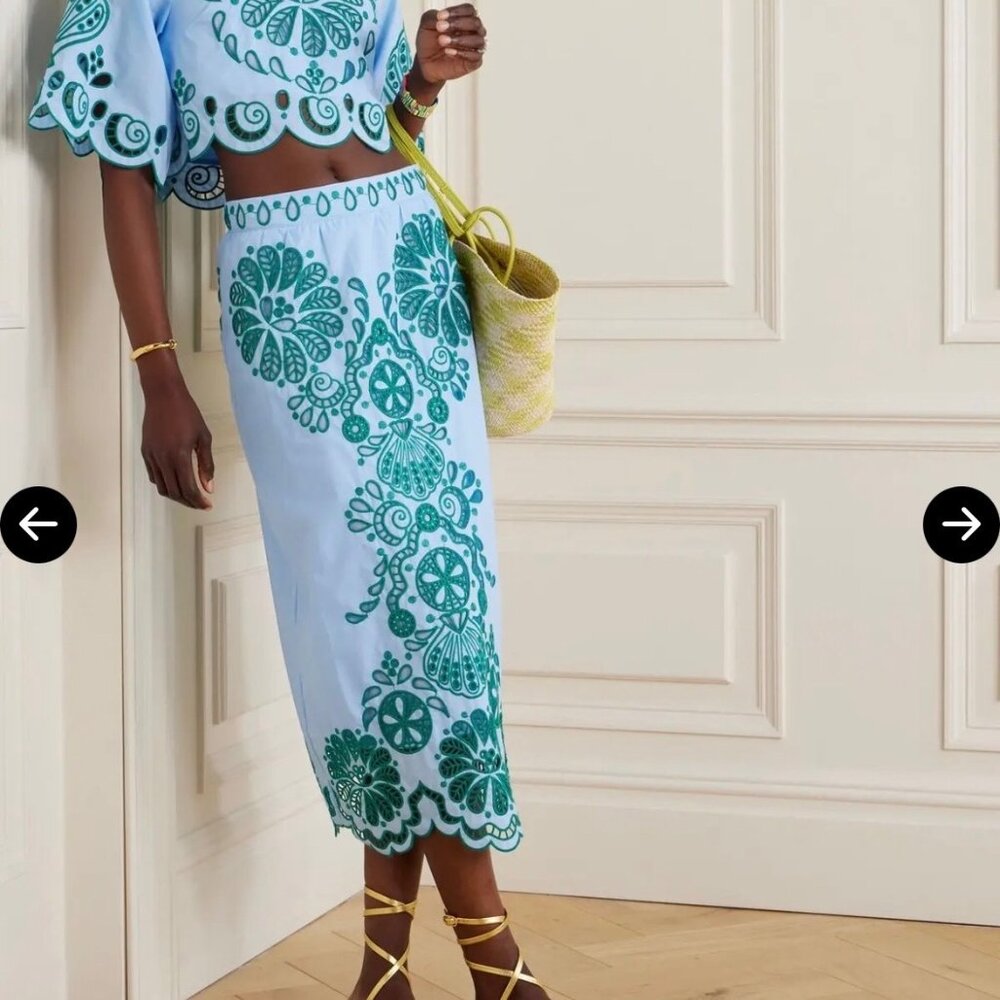 *NEW* FARM RIO GRAPHIC RICHELIEU MIDI SKIRT BLUE GREEN XS